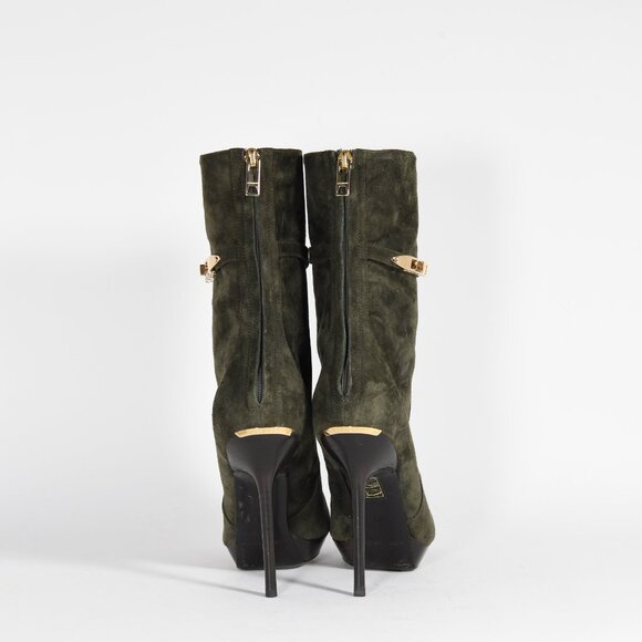 Burberry Olive Suede Ankle Boots with Gold Accents Size 37.5 Stiletto Heel - Picture 8 of 14